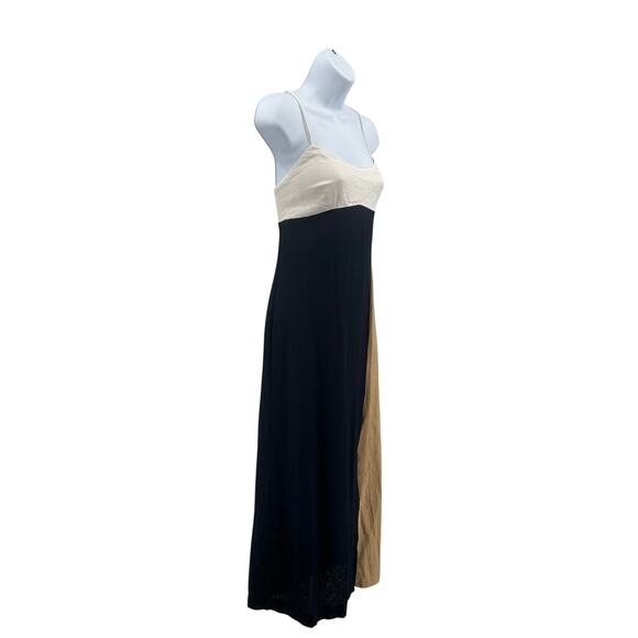 Zara Color Block Strappy Midi Dress WMNS M Black Tan White Scoop Cross Back Slit - Picture 4 of 11